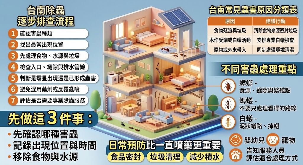 台南除蟲怎麼辦?蟑螂、螞蟻、白蟻常見原因與完整排查指南